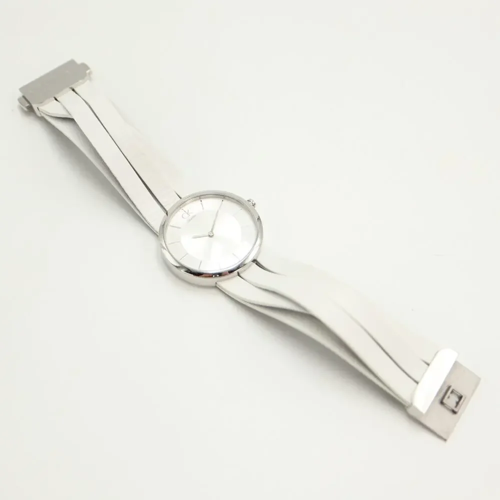 Calvin Klein Swiss Made Silver Tone 32mm Women Watch White Leather w New Battery